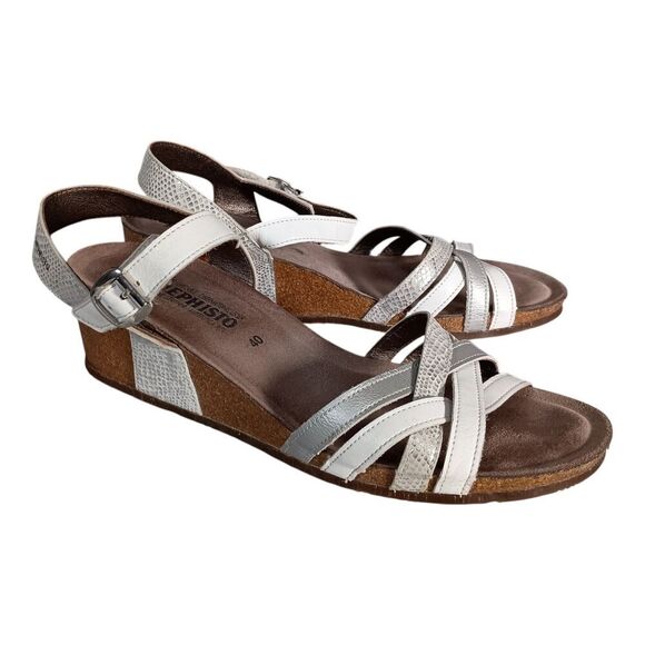 Mephisto Sandal Wedge Heel Strappy  White Silver Leather Women's 40/US 10 - Picture 1 of 9